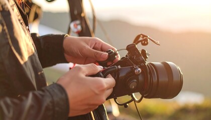 Photographer adjusting camera outdoors