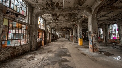 Fototapeta premium Empty, weathered factory hallway