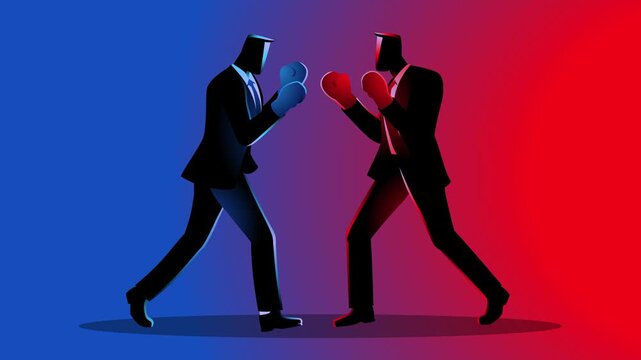 Two businessmen facing off as boxers, symbolizing competition, rivalry, and strategic battles in the corporate world. Perfect for themes of business conflict, competitive strategy, and power struggles