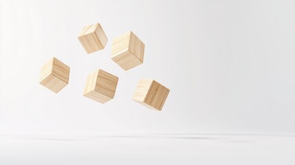 Obraz premium Visually striking freeze motion shot of flying wooden cubes, crisp details, rich multicolored palette, balanced layout, clean white background for advertising.