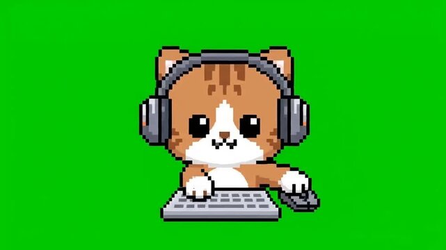 Pixelated cat with headphones plays keyboard against a green background