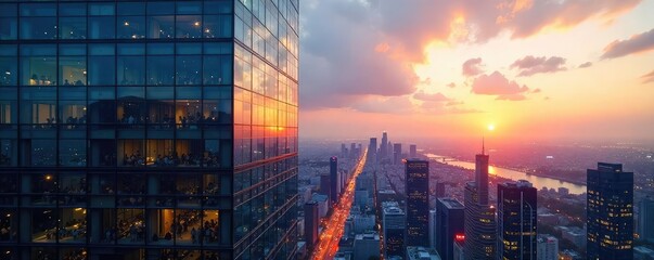 Sleek modern cityscape office building reflecting the vibrant city life below Glass facade, urban architecture, successful business Perfect for corporate branding , real estate, perspective
