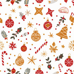 Minimal Red and Gold Holiday Pattern with Stars, Holly, and Ornaments

