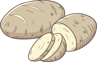 Original Potato Set Illustration. Fresh Potato Collection Design. Raw Whole and Sliced Potato Art. Organic Potato Food Set Graphic. Potato Group with Natural Color. Healthy Farm Potatoes Drawing
