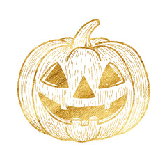 Engraved golden Halloween pumpkin with carved spooky face. Perfect for vintage Halloween designs, gothic themes, mystical illustrations, and holiday decor.