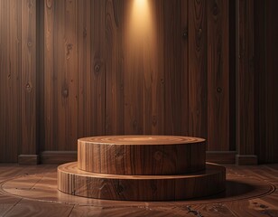 Fototapeta premium Wooden podium display with spotlight, round layered stage on dark wood wall background, minimal product presentation platform for business marketing and branding visuals 