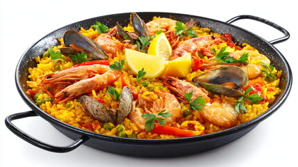 authentic paella with seafood and saffron rice in a pan, restaurant dish isolated on white