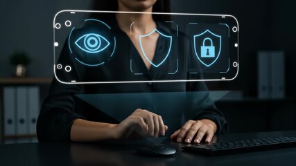 An adult woman uses a futuristic holographic interface to manage digital security and data protection, featuring eye, shield, and padlock icons for advanced cybersecurity and online privacy. - Powered by Adobe