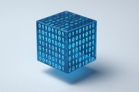 Digital cube displays glowing binary code patterns in modern tech setting