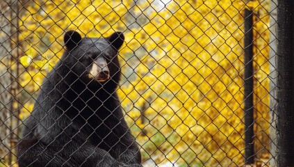 Photo of a bear in an animal cage, sitting and looking through the fence with yellow trees behind it.