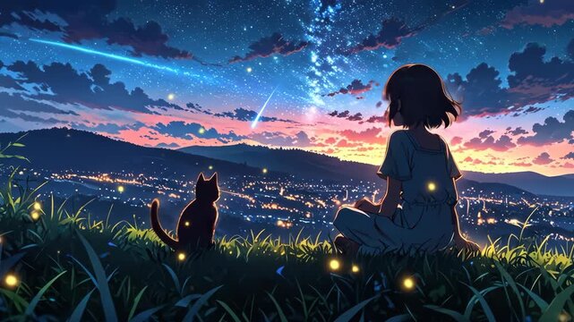 A serene anime-style illustration of a girl sitting on a grassy hill beside a cat, gazing at a star-filled night sky with a glowing meteor and Milky Way. LO-fi