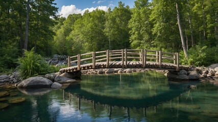 Wooden arched bridge spanning a tranquil forest pool.