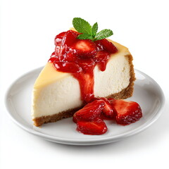 slice of New York cheesecake with strawberry topping, dessert plate isolated on white