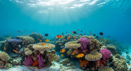 Naklejka premium Underwater scene showcasing a vibrant coral reef teeming with diverse marine life, illuminated by sunlight.
