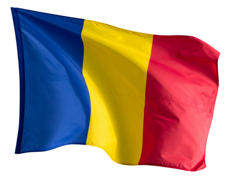 Romania Flag Waving Smoothly with Clear Fabric Texture and Light Play, Isolated on Transparent Background