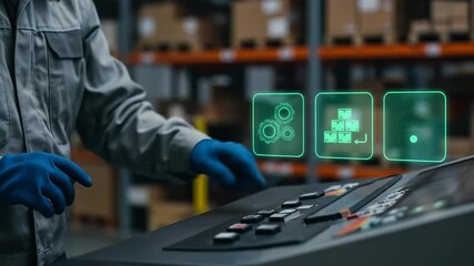 Industrial automation: An adult engineer precisely operates a smart logistics control panel, optimizing warehouse operations and connected supply chain efficiency. - Powered by Adobe