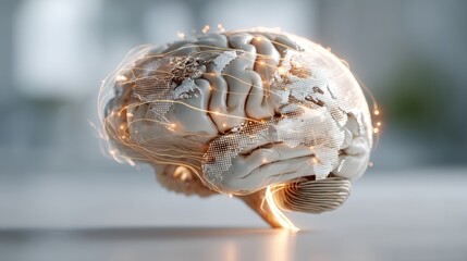 A digitally rendered brain with glowing lines and a world map, symbolizing connectivity, intelligence, and modern technology.