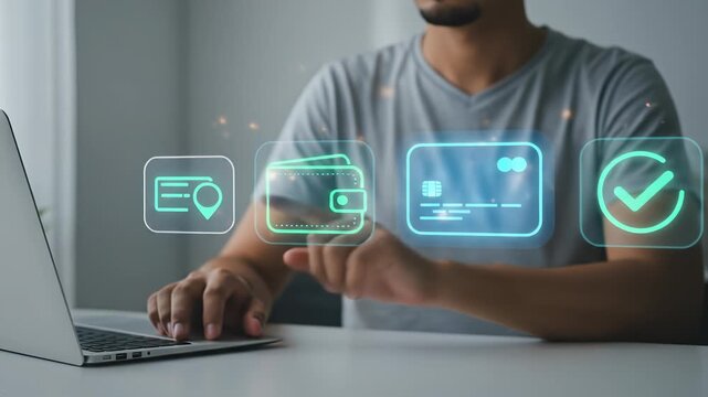 Digital Online Payment: A focused adult man securely processes a virtual transaction, choosing credit card and e-wallet options on his laptop at a modern desk. - Powered by Adobe