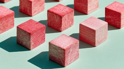 Diagonal arrangement of blush-pink wooden blocks on mint concrete surface with shadows