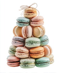 Obraz premium delicate macaron dessert tower in pastel colors, French pastry isolated on white