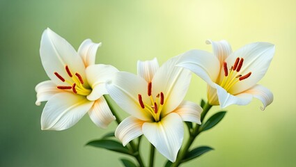 Fototapeta premium Three beautiful white lilies against a soft green backdrop.