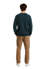 Isolated individual standing, back view, showcasing casual fashion against a transparent