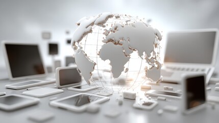 A digital globe surrounded by various electronic devices, symbolizing global connectivity and technology in a modern, sleek design.