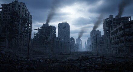 Obraz premium Post-Apocalyptic Urban Landscape: A Cityscape Ravaged by Destruction and Decay