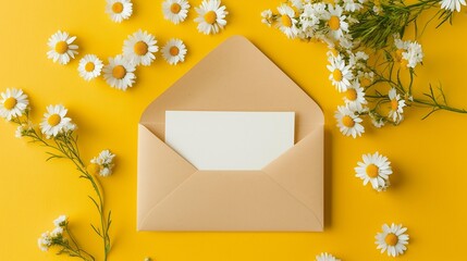 A cozy scene featuring a beige envelope with a blank card, surrounded by delicate white daisies on a bright yellow background, perfect for invitations or heartfelt messages.