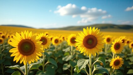 Fototapeta premium A vast field of sunflowers under a bright sky.