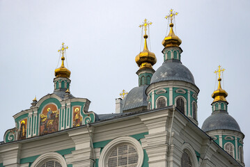 Domes of the ancient Assumption Cathedral close-up. Smolensk, Russia