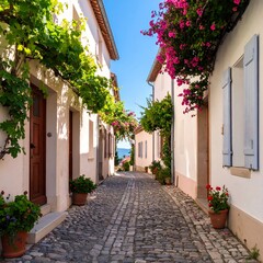 Fototapeta premium Quaint European alleyway with vibrant flowers
