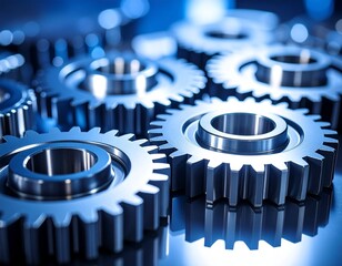 Mechanism of interlocking metal gears. Concept of teamwork, connection, and precision in engineering and technology.