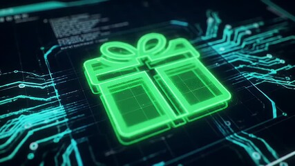 Digital gift box icon glowing on a futuristic circuit board background with flowing data streams seamless loop animation - Powered by Adobe