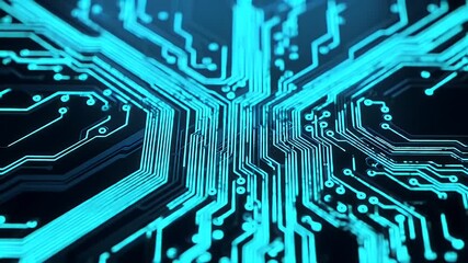 Futuristic digital circuit board animation with glowing neon blue lines moving through a motherboard processor for technology concepts - Powered by Adobe