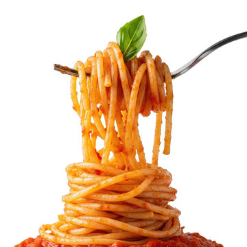 Photo of spaghetti with tomato sauce and basil on a fork on