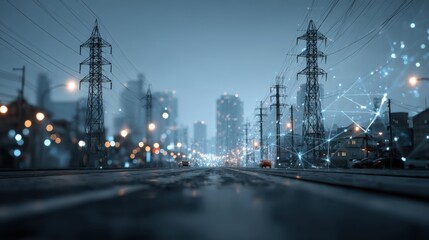 Naklejka premium A dark urban landscape featuring power lines, buildings, and a networked aesthetic, creating a futuristic ambiance with digital elements.