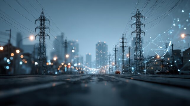 A dark urban landscape featuring power lines, buildings, and a networked aesthetic, creating a futuristic ambiance with digital elements.