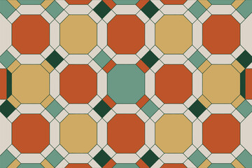 An abstract pattern featuring octagons, squares, and rectangles in orange, yellow, green, and cream colors