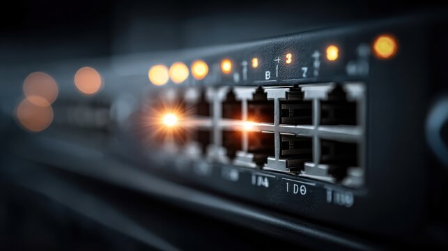 A close-up view of a network switch with illuminated ports, highlighting connections and data transfer in a modern digital environment. - Powered by Adobe