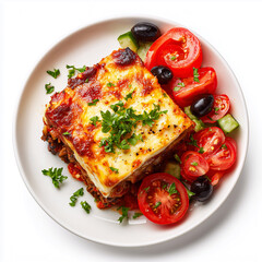 Greek moussaka with tomato salad and olives