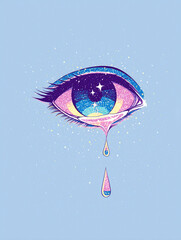 eye with glitter tears on lilac pastel background