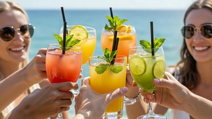 Friends toasting with colorful cocktails on a sunny beach vacation, enjoying a refreshing summer celebration by the sea - Powered by Adobe