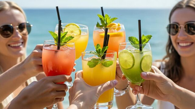 Friends toasting with colorful cocktails on a sunny beach vacation, enjoying a refreshing summer celebration by the sea