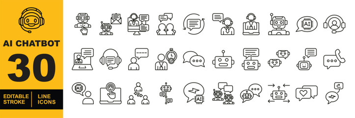 Chatbot set of web icons in line style. A collection of linear icons representing key Chatbot concepts, including a robot head with a headset, chatbot on a laptop, speech bubbles, Editable stroke