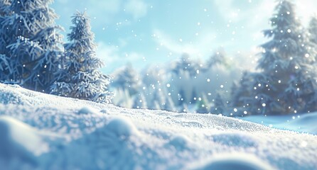 Falling Snow Overlay Background, Merry Christmas and happy new year greeting background with copy-space. Beautiful winter landscape with snow covered trees, Blue winter banner with snowflakes.