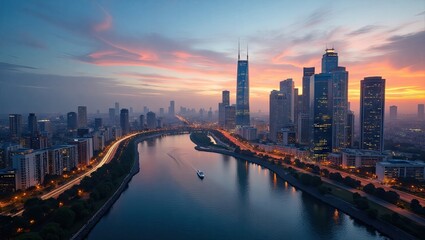 Fototapeta premium Panoramic cityscape view of a modern metropolis at sunrise.