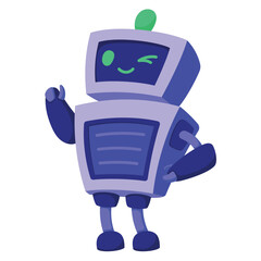Adorable AI robot character with a winking expression on a solid blue background. friendly artificial intelligence, virtual assistant services, and modern technology with a personal touch.