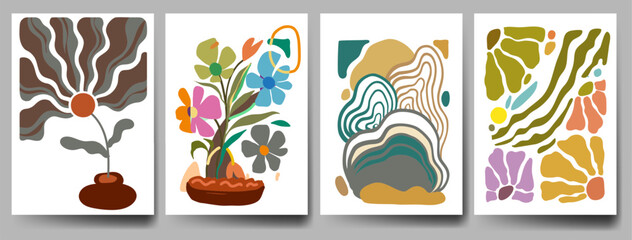 Groovy abstract flower art set. Organic doodle shapes in trendy naive retro hippie 60s 70s style. Contemporary doodle art design for print, wallpaper, clipart, wall art for home decoration, poster.