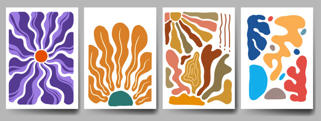 Groovy abstract flower art set. Organic doodle shapes in trendy naive retro hippie 60s 70s style. Contemporary doodle art design for print, wallpaper, clipart, wall art for home decoration, poster.